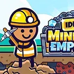 Personaj desenat cu cască de protecție și târnăcop, în fața unui logo cu titlul Idle Mining Empire pe un fundal cu pietre și cer senin
