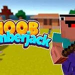 Personaj de tip pixel art ținând o secure, pe un fundal cu pădure și căsuțe, având textul Noob Lumberjack