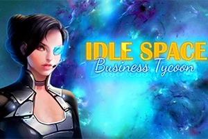 Personaj feminin futurist cu ochelari high-tech pe fundal albastru cu titlul Idle Space Business Tycoon