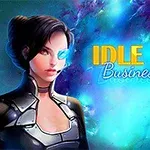 Personaj feminin futurist cu ochelari high-tech pe fundal albastru cu titlul Idle Space Business Tycoon