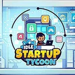 Un personaj stilizat stă la un birou cu un laptop înconjurat de pictograme tehnologice și textul Idle Startup Tycoon în prim-plan