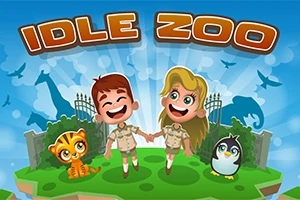 Ilustrație cu doi copii zâmbitori, un tigru mic și un pinguin, pe o pajiște verde, cu siluete de animale în fundal sub un cer albastru