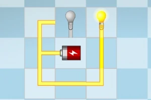 Circuit electric simplu pe un fundal în carouri alb-albastre, cu un bec aprins și unul stins, conectate prin fire la o sursă de energie cu simbol electric roșu