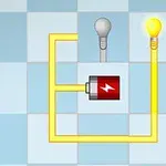 Circuit electric simplu pe un fundal în carouri alb-albastre, cu un bec aprins și unul stins, conectate prin fire la o sursă de energie cu simbol electric roșu