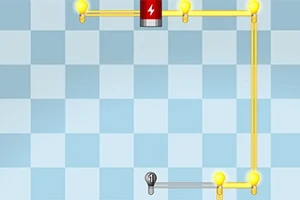 Un fundal cu pătrățele albastre și albe, deasupra căruia se află un circuit electric cu linii galbene, un bec roșu central și patru becuri aprinse la colțuri