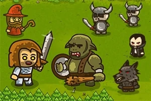 Personaje animate într-o luptă pe iarbă verde, inclusiv un vrăjitor, un războinic cu sabie, un orc, doi vikingi și un vârcolac