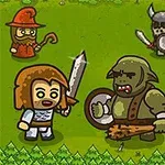 Personaje animate într-o luptă pe iarbă verde, inclusiv un vrăjitor, un războinic cu sabie, un orc, doi vikingi și un vârcolac