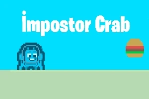 Crab albastru pixelat și un burger pe un fundal albastru cu textul impostor Crab
