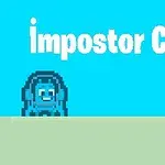 Crab albastru pixelat și un burger pe un fundal albastru cu textul impostor Crab