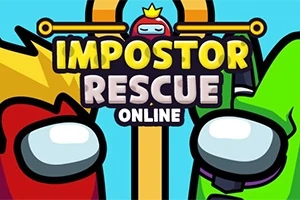 Ilustrație cu doi personaje colorate în roșu și verde, având un text mare în partea de sus care spune Impostor Rescue Online