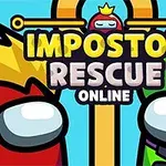 Ilustrație cu doi personaje colorate în roșu și verde, având un text mare în partea de sus care spune Impostor Rescue Online