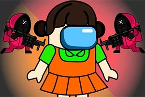 Personaj animat cu o cască albastră, îmbrăcat într-o rochie portocalie, flancat de două personaje de desen animat îmbrăcate în costume roz, ținând arme negre