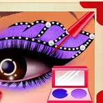 Machiaj de ochi cu fard mov decorat cu strasuri și perle, alături de produse cosmetice