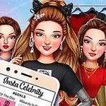Trei femei stilate lângă un dulap plin cu haine și accesorii, cu un telefon afișând o postare de social media