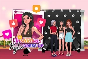 Trei figuri feminine animate stilizate pozează pe un covor roșu, în fața unui panou cu sigle, alături de o ilustrație mare a uneia dintre ele și elemente grafice de social media