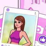 O ilustrație cu o femeie tânără cu păr castaniu, purtând un top mov, afișată într-un cadru stilizat de rețele sociale cu simboluri de like și inimioare