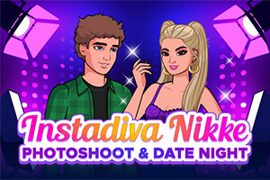 Ilustrație cu un bărbat și o femeie stilizați pentru un photoshoot, fundal cu lumini de studio și text colorat în prim-plan