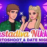 Ilustrație cu un bărbat și o femeie stilizați pentru un photoshoot, fundal cu lumini de studio și text colorat în prim-plan