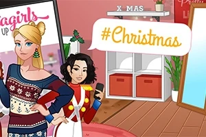 Două personaje feminine animate, una în pulover de Crăciun și cealaltă în costum de soldat, într-o cameră decorată festiv cu mesajul #Christmas