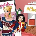 Două personaje feminine animate, una în pulover de Crăciun și cealaltă în costum de soldat, într-o cameră decorată festiv cu mesajul #Christmas