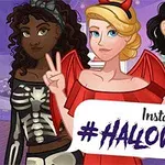 Trei personaje animate costumate pentru Halloween, fiecare având un stil distinct, pe un fundal violet cu textul Instagirls #Halloween