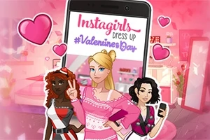 Trei tinere într-un cadru roz, cu un telefon afișând Instagirls Dress Up #ValentinesDay și inimioare roz în fundal