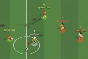 Jucători animați pe un teren de fotbal verde, fiecare cu un cerc colorat la bază și un nume de utilizator deasupra