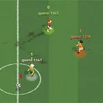 Jucători animați pe un teren de fotbal verde, fiecare cu un cerc colorat la bază și un nume de utilizator deasupra