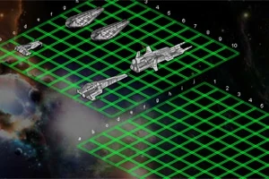 Grilă verde tridimensională cu nave spațiale plasate în spațiu cosmic