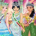 Patru prințese în rochii elegante și coroane participă la un concurs de frumusețe, fiecare purtând o eșarfă cu numele unei țări diferite