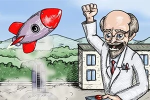 Un om de știință desene animat, care poartă un halat de laborator alb, este ilustrat ridicând un pumn cu bucurie lângă o rachetă roșie care decolează, având fundal de munți și clădiri