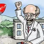 Un om de știință desene animat, care poartă un halat de laborator alb, este ilustrat ridicând un pumn cu bucurie lângă o rachetă roșie care decolează, având fundal de munți și clădiri