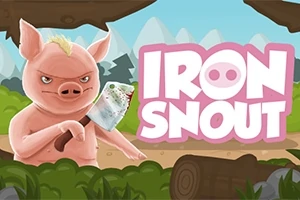 Porc desenat ținând un cuțit, pe fundal de pădure, cu textul Iron Snout