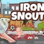 Porc desenat ținând un cuțit, pe fundal de pădure, cu textul Iron Snout