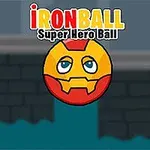 Bila galbenă și roșie cu față de supererou, pe fundal de cărămizi și apă
