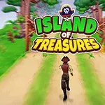 Un pirat aleargă pe o potecă printr-o junglă, cu titlul Island of Treasures afișat deasupra