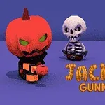 Două figuri animate, una cu cap de dovleac și alta cu un craniu scheletic, pe un fundal albastru, cu titlul JackO Gunner în dreapta