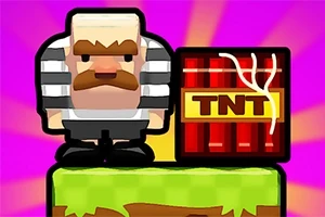 Personaj pătrat cu mustață și uniformă vărgată alb-negru stând lângă o cutie de TNT pe o platformă verde, pe un fundal mov