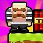 Personaj pătrat cu mustață și uniformă vărgată alb-negru stând lângă o cutie de TNT pe o platformă verde, pe un fundal mov