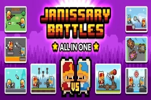 Imagine cu personaje desenate în stil pixel art, împreună cu mici scene de luptă și un titlu de joc în partea de sus