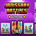 Imagine cu personaje desenate în stil pixel art, împreună cu mici scene de luptă și un titlu de joc în partea de sus