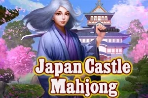 Femeie cu păr alb ținând o katana în fața unui castel japonez înconjurat de copaci înfloriți, cu textul Japan Castle Mahjong