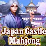 Femeie cu păr alb ținând o katana în fața unui castel japonez înconjurat de copaci înfloriți, cu textul Japan Castle Mahjong