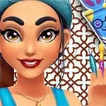 Femeie caricaturizată cu zâmbet larg, purtând bentiță albastră și bluză albastră, ținând pensule colorate în mână