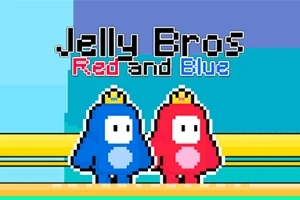 Două personaje pixelate, una albastră și una roșie, purtând coroane, stau pe o platformă galbenă sub un text care scrie Jelly Bros Red and Blue