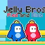 Două personaje pixelate, una albastră și una roșie, purtând coroane, stau pe o platformă galbenă sub un text care scrie Jelly Bros Red and Blue