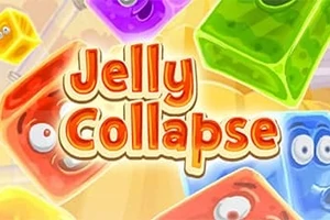 Blocuri colorate de jeleu cu fețe expresive, înconjurând textul „Jelly Collapse”