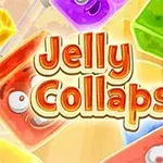 Blocuri colorate de jeleu cu fețe expresive, înconjurând textul „Jelly Collapse”