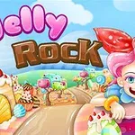 Ilustrație cu o fetiță cu păr roz și fundă roșie în peisaj de dulciuri colorate și textul „Jelly Rock”