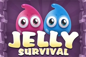 Două creaturi jeleu colorate, roz și albastru, cu ochi mari, pe un fundal mov, alături de textul „Jelly Survival”